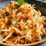 Salada de cenoura com passas em close, destacando a textura dos ingredientes.