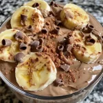 Yogurte grego congelado de chocolate e banana em uma tigela, com consistência cremosa.