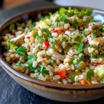Salada de cevada com frango assado, destacando os ingredientes frescos e coloridos.