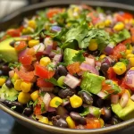 Close-up of a colorful black bean corn avocado salad with lime dressing.