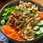 Close-up of a colorful bowl of vermicelli noodles topped with grilled chicken, fresh herbs, and vegetables.