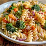 Close-up of creamy pasta salad with colorful vegetables.