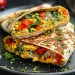 Close-up of a veggie breakfast egg wrap filled with colorful ingredients.