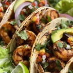 Close-up view of blackened shrimp tacos garnished with avocado and cilantro.