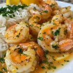 Close-up of a bowl of lemon garlic shrimp and rice with fresh herbs.