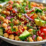 Salada de grão de bico e quinoa com vegetais frescos.