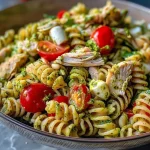 Close-up of a bowl filled with Pesto Chicken Pasta Salad, featuring rotini pasta and vibrant ingredients.