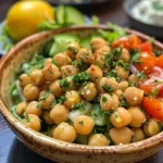 Salada de grão de bico crocante com legumes frescos e temperos.