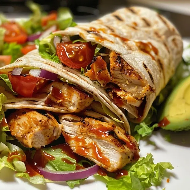 Close-up de wraps de frango com ingredientes frescos e BBQ.