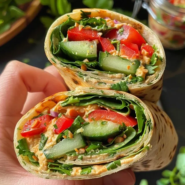 Side view of easy vegan wraps filled with hummus, peppers, and cucumber.