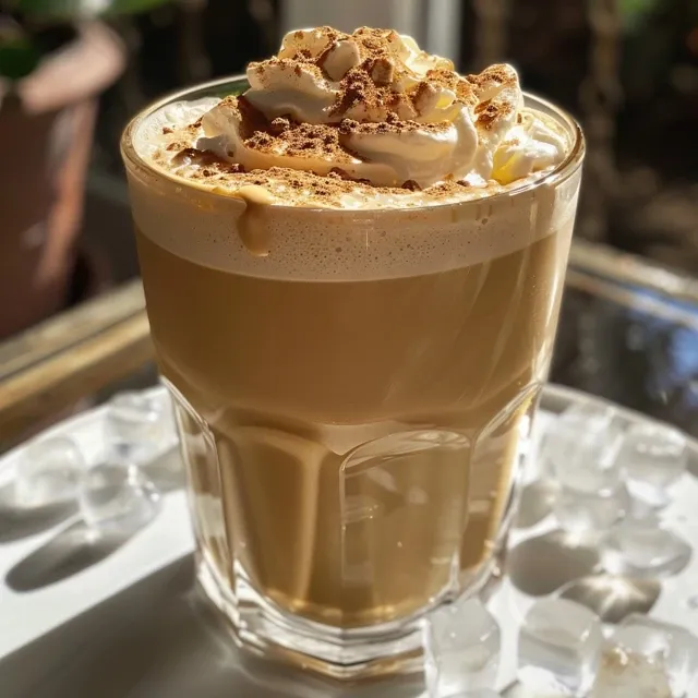 Close-up de um latte gelado com mel e canela, servido com cubos de gelo.