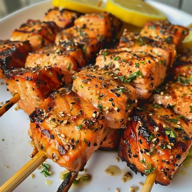 Close-up de kebabs de salmão suculentos com rodelas de limão.