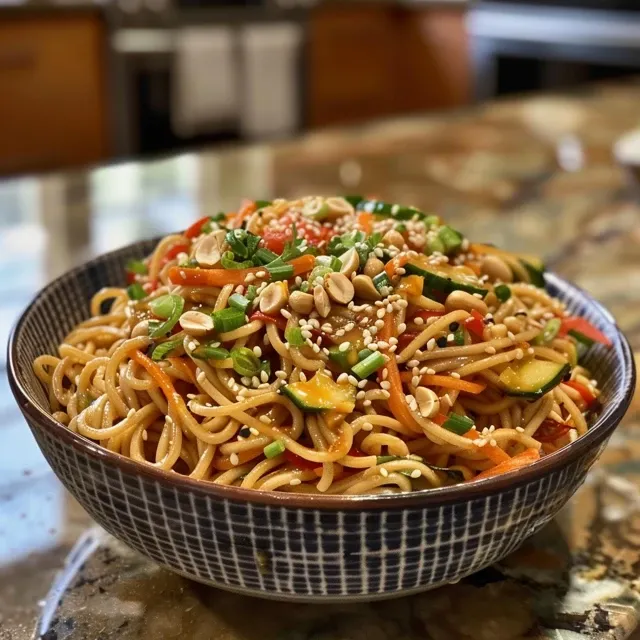 Side view of a bowl of cold noodles garnished with julienned vegetables and crushed peanuts.