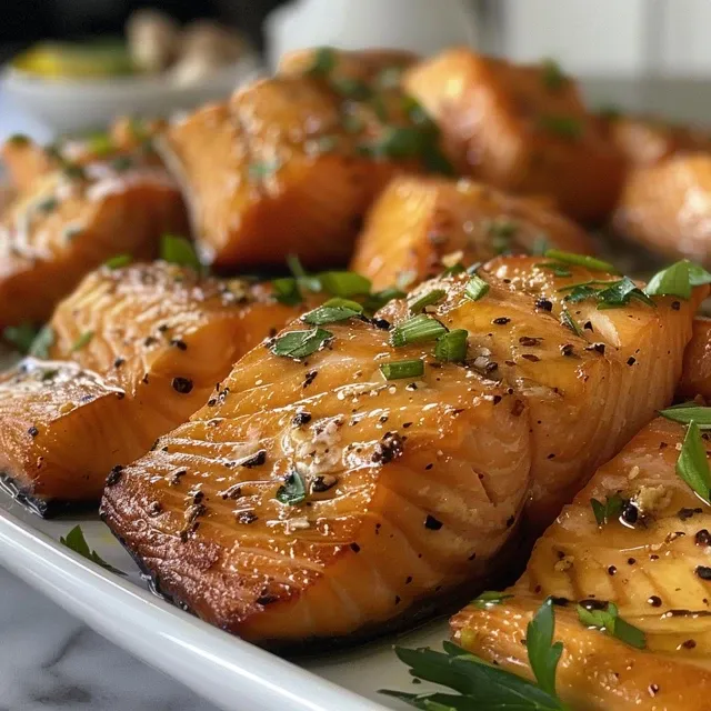Salmão em pedaços crocantes servidos em um prato com um toque de limão.