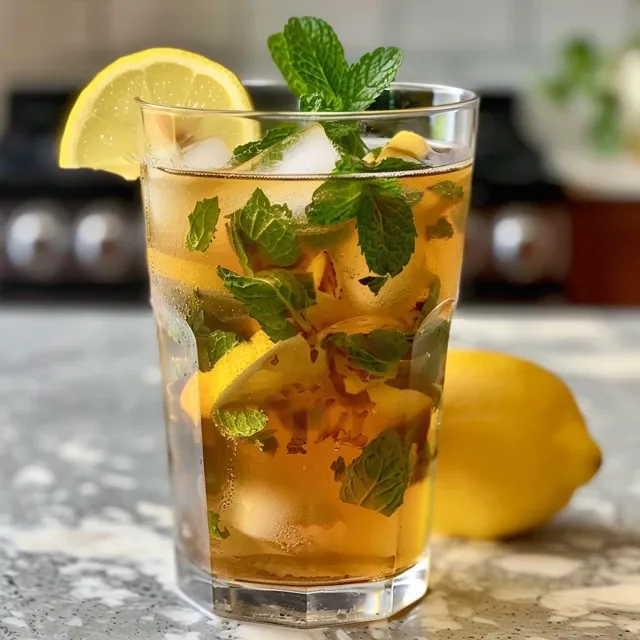 Side view of iced tea featuring lemon slices and mint leaves on a wooden table.