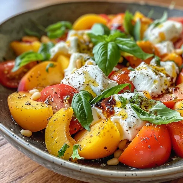 Close-up de uma salada fresca com tomate, burrata e pêssego.