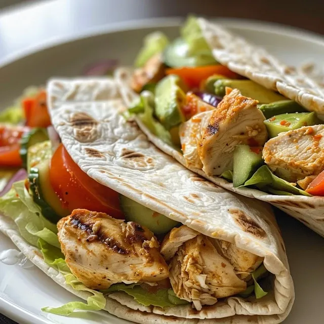 Close-up de um wrap com frango grelhado e fatias de abacate.