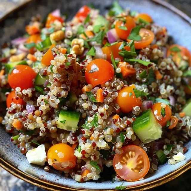 Bowl de lentilhas e quinoa cheio de tomates-cereja e pepino.