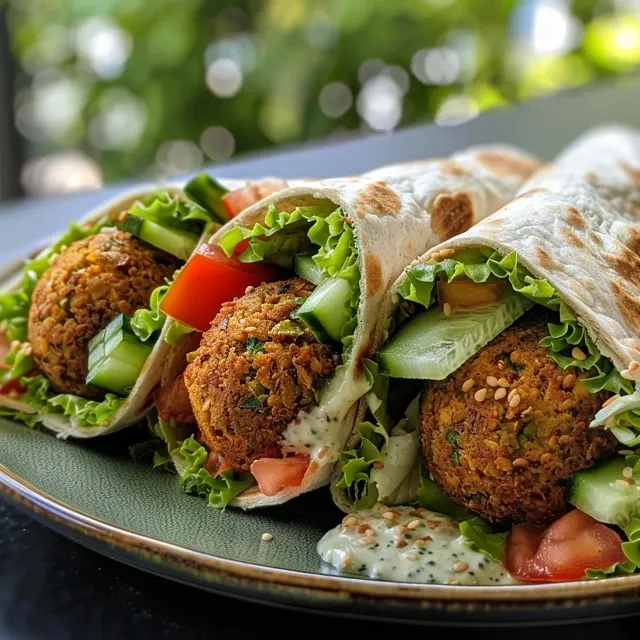 Close-up de um wrap de falafel recheado com vegetais frescos e molho tahini.