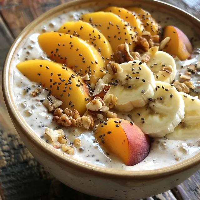 Close-up de um smoothie bowl de pêssego e banana, coberto com fatias de frutas e granola.