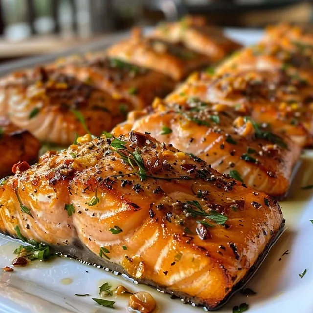 Juicy salmon pieces drizzled with lemon juice and sprinkled with herbs.