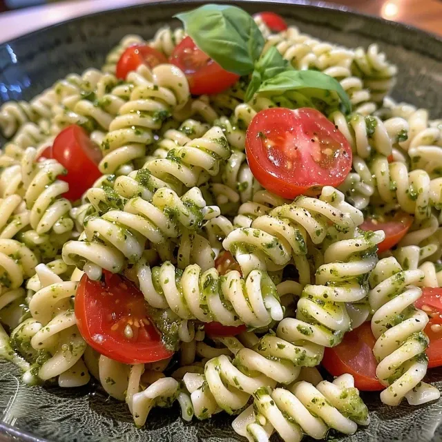 Side view of a vibrant pasta salad featuring cherry tomatoes, mozzarella, and basil pesto.