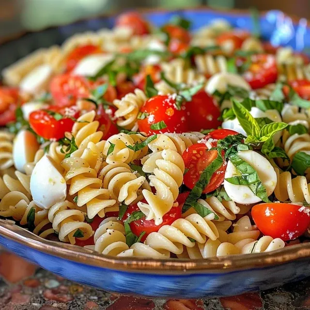 Vista lateral de uma salada de macarrão caprese com molho cremoso e ingredientes coloridos.