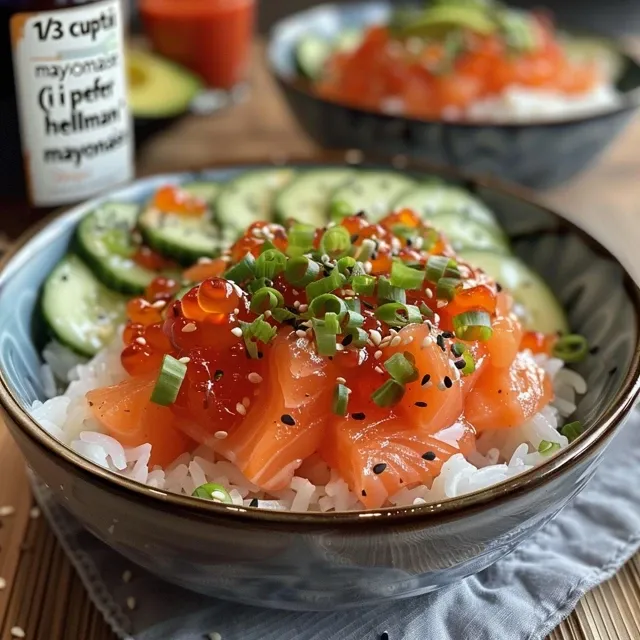 Prato de salmão grelhado servido sobre arroz de coco, com legumes fatiados e molho.