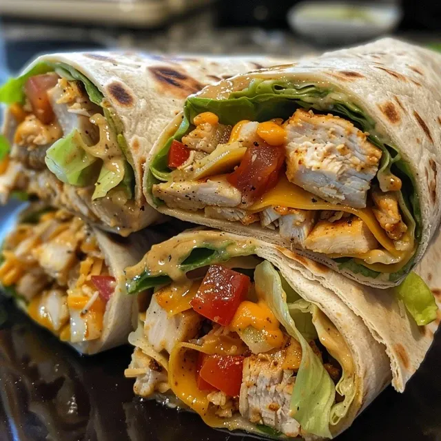 Close-up de um wrap de frango chipotle, apresentando frango e vegetais.