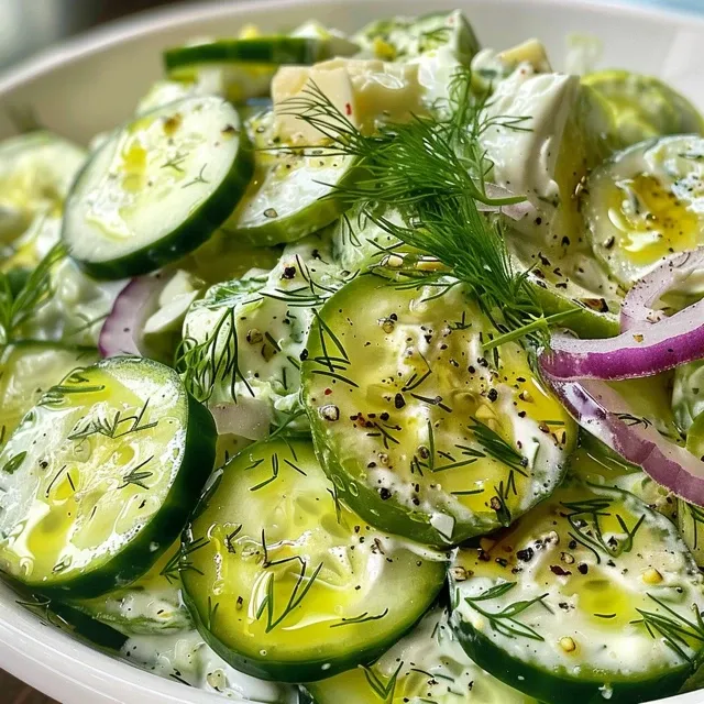 Close-up de uma salada de pepino e dill, mostrando as fatias de pepino e cebola.