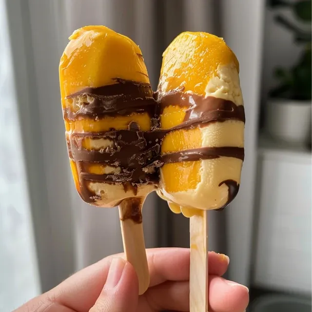 Close-up de deliciosos bolinhos de iogurte congelados com pedaços de manga.