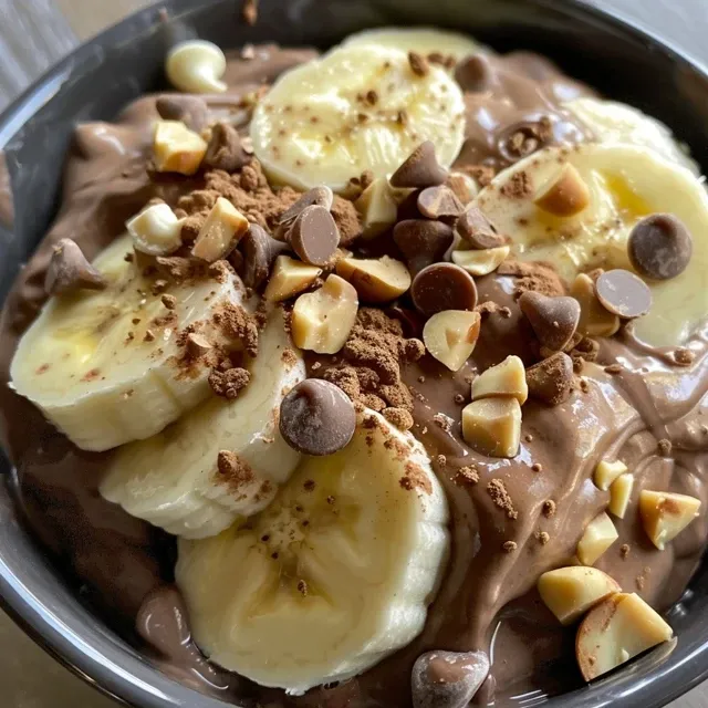 Close-up de uma sobremesa de sorvete de banana e chocolate com textura cremosa.