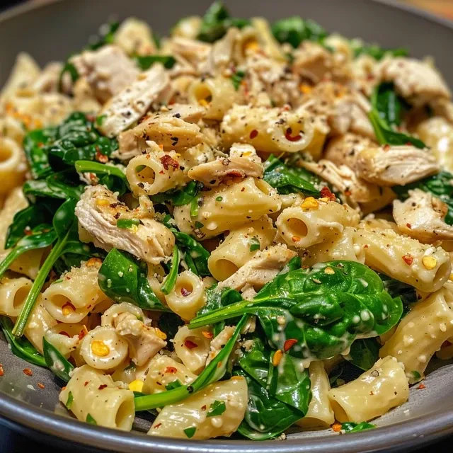 Close-up de uma salada de macarrão, mostrando frango desfiado e espinafre.