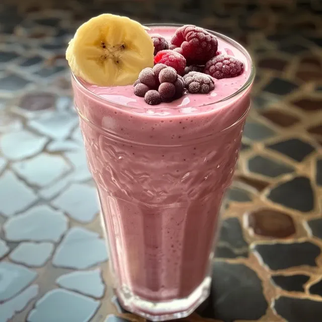 Smoothie de banana e frutas vermelhas mostrado de lado, com textura cremosa visível.