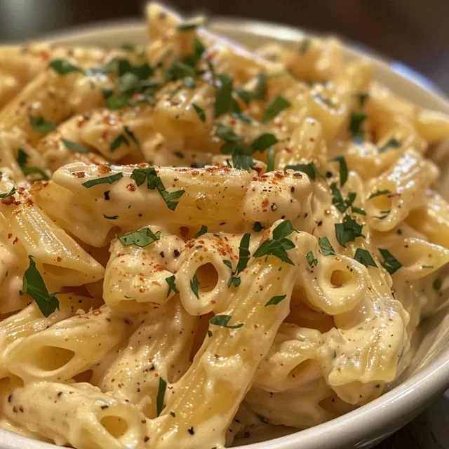 Side view of penne pasta mixed with cream cheese and garnished with parsley.