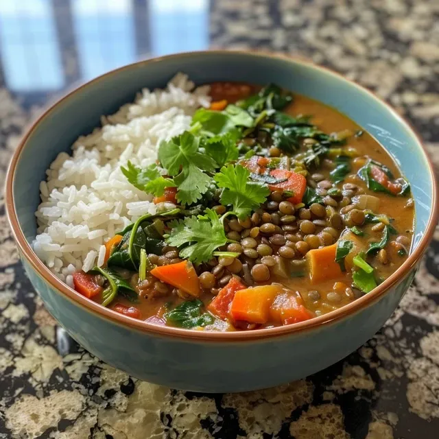 Close-up de uma refeição saudável com arroz, lentilhas e vegetais.