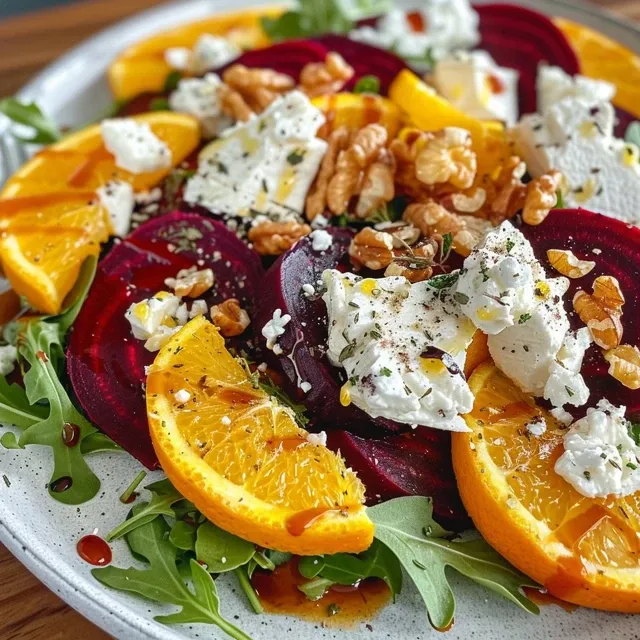 Close-up da salada de beterraba e laranja com ingredientes frescos.