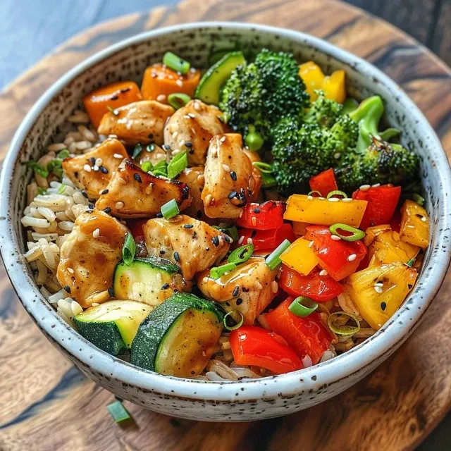 Side view of a delicious bowl filled with brown rice, chicken, and assorted vegetables.