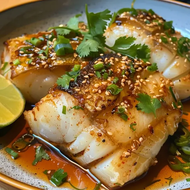 Juicy cod fillet topped with cilantro and lime wedges, showcasing a ginger soy glaze.