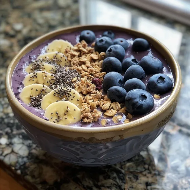 Vista lateral de uma tigela de smoothie com frutas frescas e granola.