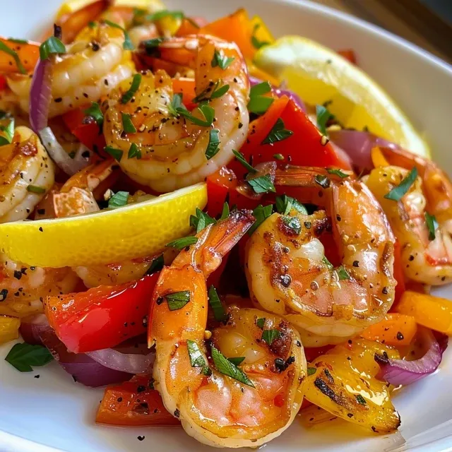 Juicy shrimp skewers with red and yellow peppers and onions.