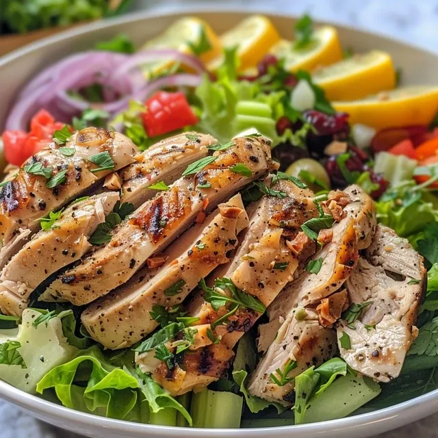 Side view of a vibrant chicken salad topped with chopped herbs and spices.