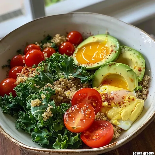 Close up de uma tigela de quinoa com ovos cozidos, abacate e tomate.