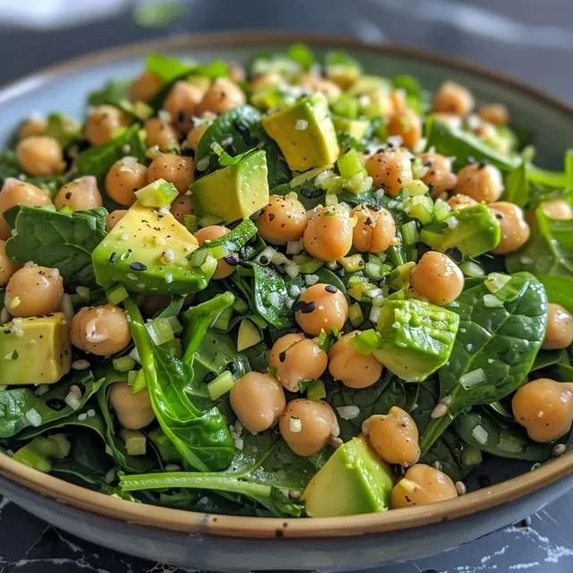 Prato de salada de abacate com grão de bico, vista lateral detalhada.