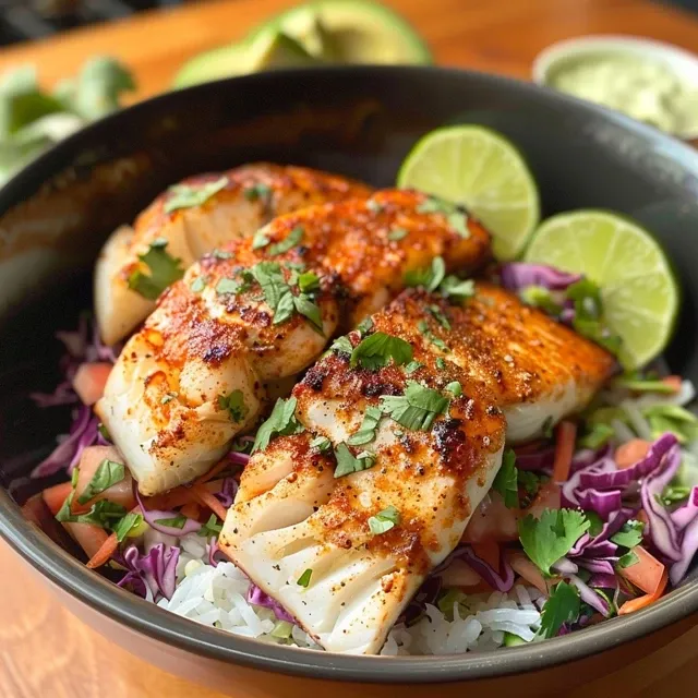 Close-up de um bowl de tacos de peixe, com slaw e molho de chipotle-lima.