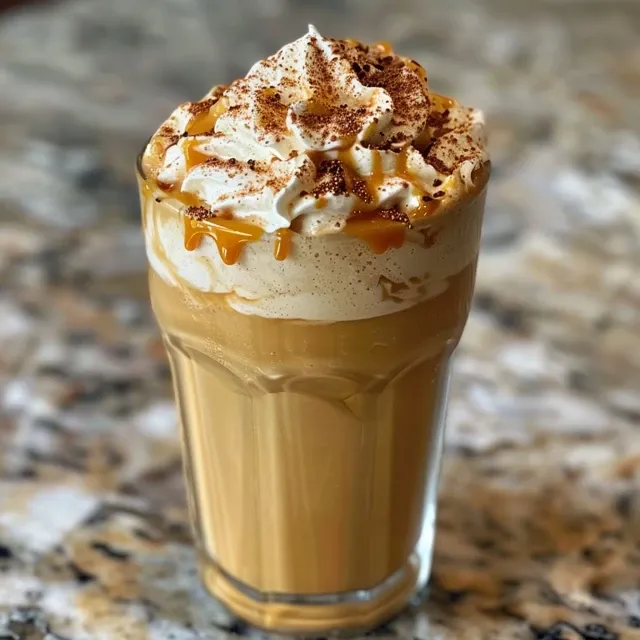 Café de abóbora gelado com cobertura de chantilly e caramelo no topo.