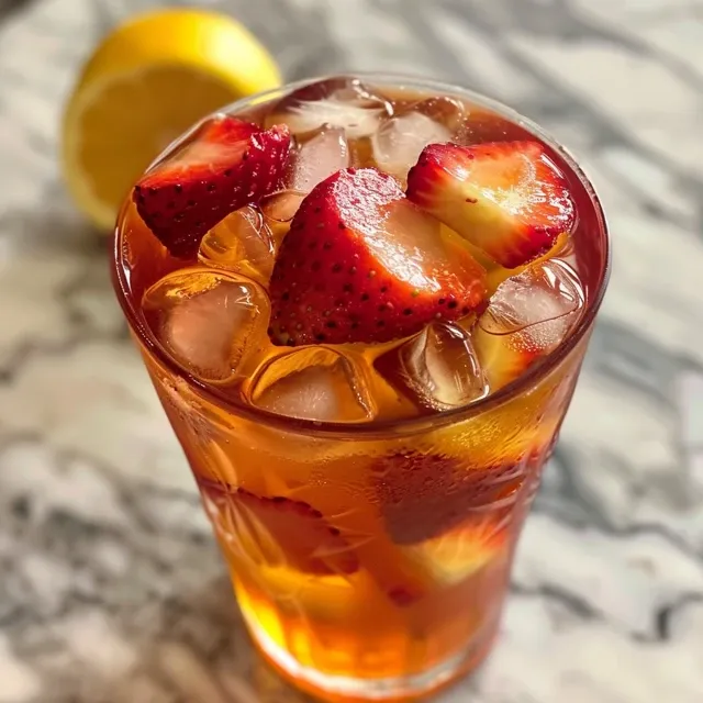 Side view of a refreshing Strawberry Iced Tea in a clear glass.