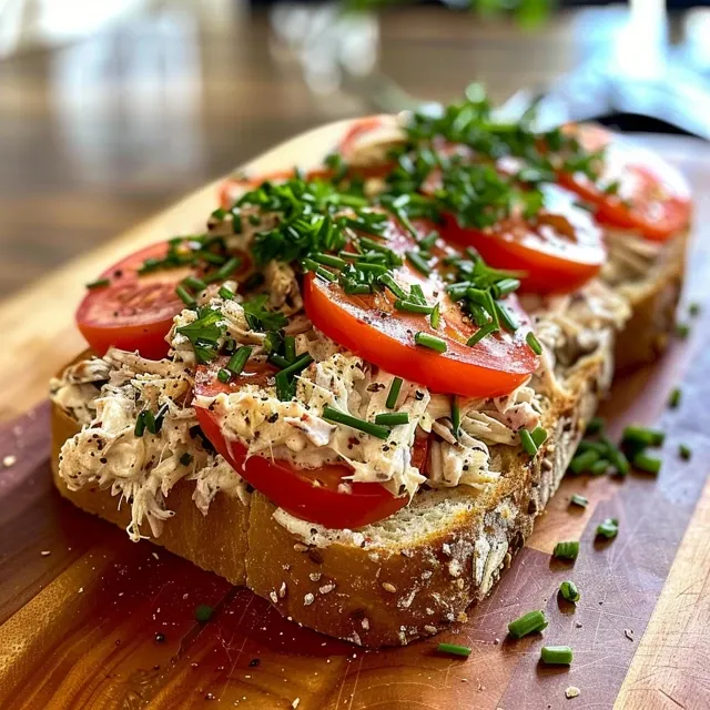 Close-up de um sanduíche suculento de atum com queijo derretido, ervas e tomate.