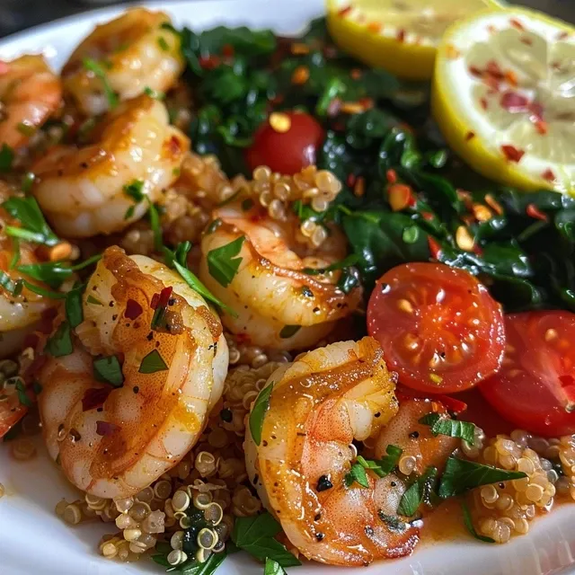 A colorful bowl featuring shrimp, quinoa, cherry tomatoes, and spinach.