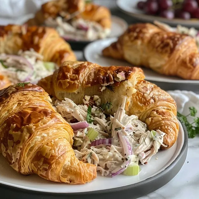 Close-up de um croissant recheado com uma mistura cremosa de frango e vegetais frescos.